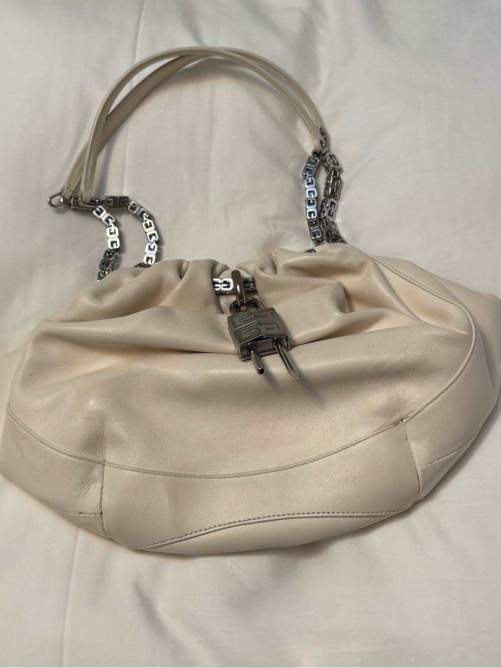 Givenchy Cream Leather Shoulder Bag with Silver Chain Hardware